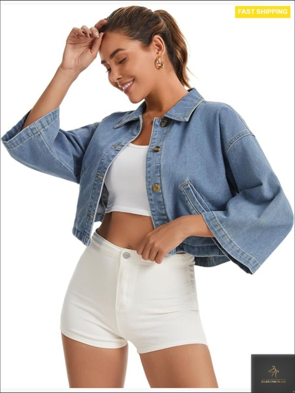 Denim Jacket 3/4 Sleeve Button Down Shacket Loose Oversized Casual Chic